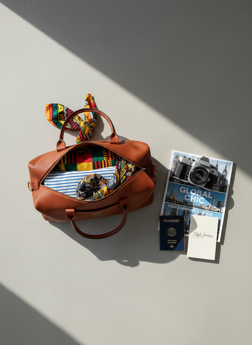 A carefully arranged flat lay of fashion-inspired travel essentials on a smooth, light concrete surface. A structured vegan leather weekender bag in deep caramel sits partially unzipped, revealing neatly folded textiles in vibrant prints referencing global styles, from bold Jamaican patterns to subtle Parisian stripes. Beside it, a sleek silver DSLR camera rests atop a glossy fashion magazine that features iconic city skylines on its cover. A passport with a minimalist embossed globe icon and a small notebook labeled “Style Journeys” complete the scene. Soft, diffused daylight from an unseen window casts gentle shadows and faint reflections, creating a professional, editorial feel. Shot from a pure overhead, bird’s-eye view with photographic realism and crisp focus, the composition feels modern, aspirational, and perfectly aligned with fashion-focused tourism.