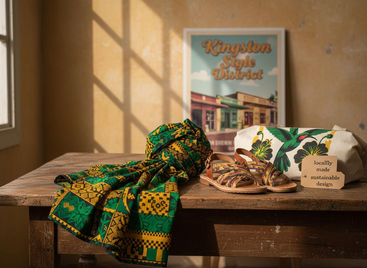 A richly detailed still life celebrating Jamaican fashion’s influence on tourism, styled on a rustic wooden table with visible grain and subtle imperfections. At the center lies a vibrant, intricately patterned headwrap fabric in green, gold, and black tones, artfully draped beside a pair of handcrafted leather sandals with woven straps. A vintage-style travel poster in the background, leaning against a textured wall, reads “Kingston Style District” with stylized illustrations of colorful storefronts. A small stack of eco-friendly tags with “locally made” and “sustainable design” printed in clean typography rests next to a reusable canvas tote featuring a bold Jamaican-inspired print. Late-afternoon natural light from a side window casts warm, directional illumination, creating strong but pleasing shadows. Captured at a three-quarter angle with a medium depth of field, the mood is authentic, culturally rich, and professionally polished.