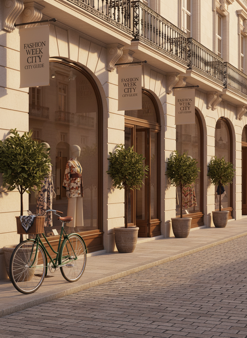 A refined, photographic street scene where architecture and style intersect, captured without any people. Elegant boutique storefronts with large glass windows showcase meticulously styled mannequins dressed in globally inspired outfits, framed by lush potted plants and clean stone facades. Banners above the doors read “Fashion Week City Guide” in understated typography. The cobblestone street is spotless, with a single, neatly parked vintage-inspired bicycle featuring a wicker basket lined in patterned fabric. Golden hour sunlight washes the scene in a warm glow, creating long, soft-edged shadows and delicate reflections in the windows. Shot at eye level with a subtle wide-angle lens, the composition uses the rule of thirds to draw the eye through the inviting avenue. The mood is sophisticated, cosmopolitan, and enticing, perfectly representing fashion as a driver of city tourism.