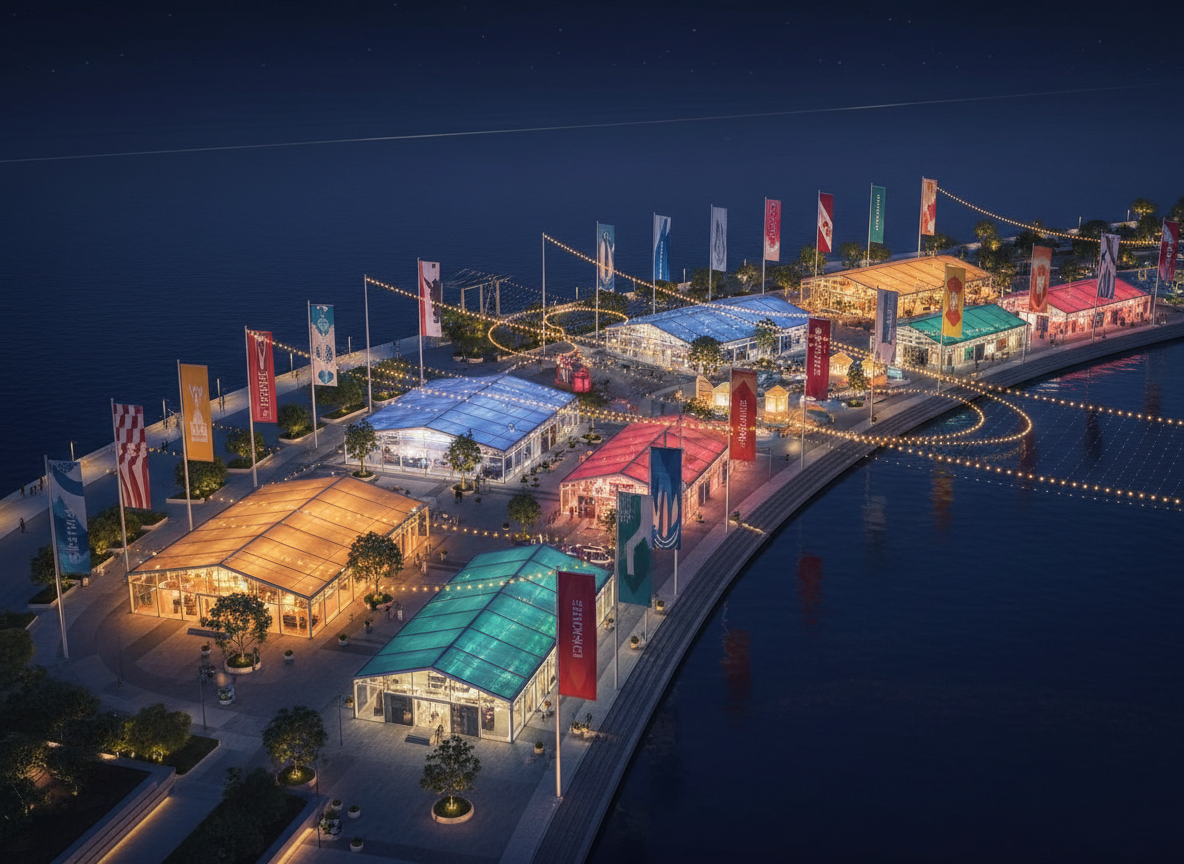 A nighttime aerial view of a waterfront district transformed for a fashion-focused festival, rendered in crisp photographic realism without any visible people. A series of temporary pavilions line the promenade, each tent-like structure featuring translucent fabric roofs glowing in different subtle hues, from soft amber to cool teal. Large, vertical banners along the boardwalk display city names and stylized fabric patterns, hinting at global fashion influences. The calm water reflects the lights in shimmering streaks, adding dynamic texture. Overhead string lights crisscross the open spaces between structures, creating concentric pools of warm light that contrast with the deep blue of the night sky. Shot from a high, slightly diagonal bird’s-eye perspective, the composition captures the full layout of the event while maintaining a polished, professional mood that speaks to fashion tourism’s large-scale impact.