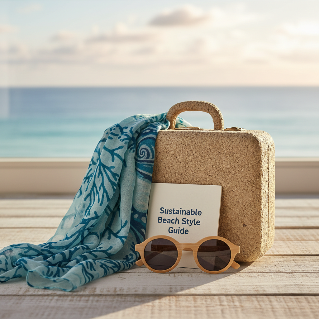 A close-up, photographic still life highlighting eco-conscious fashion travel gear associated with coastal destinations. On a bleached, weathered wooden surface sits a compact, sand-colored suitcase made from recycled materials, its texture finely detailed and matte. Draped over the corner is a lightweight, ocean-blue scarf printed with abstract patterns reminiscent of coral and waves. A pair of biodegradable sunglasses with bamboo frames rests atop a small, stamped booklet titled “Sustainable Beach Style Guide.” In the background, slightly out of focus, a large window reveals a hint of turquoise sea and soft sky gradient. Late-morning natural light pours in, creating bright, clean highlights and crisp shadows that add depth. Shot from a three-quarter angle with shallow depth of field, the scene feels fresh, modern, and aligned with conscious fashion tourism by the sea.