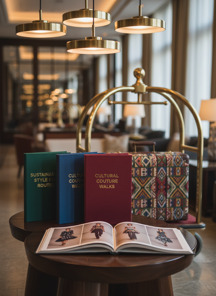 An elegant hotel lobby vignette designed around fashion tourism, captured in realistic photographic detail. A sculptural display table of dark, polished wood stands in the center, topped with an open coffee table book showcasing full-page runway images from diverse fashion capitals. Beside it, a curated stack of city guides with textured covers and gold-foil titles like “Sustainable Style Routes” and “Cultural Couture Walks” fan outward. A sleek brass luggage cart in the background holds a single, impeccably crafted suitcase wrapped in patterned fabric inspired by global textiles. Soft, warm pendant lighting from above creates gentle highlights on metallic surfaces and a calm, inviting ambiance. Shot from a slightly elevated angle with a shallow depth of field that keeps the foreground sharp and the background softly blurred, the image feels luxurious, professional, and perfect for a fashion tourism hub.