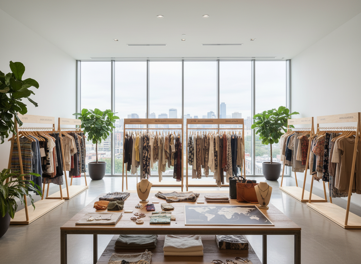 An immersive, photographic interior of a sustainable concept store that bridges fashion and tourism, completely empty of people. Minimalist racks made of light, matte-finished wood display an array of garments on uniform hangers, each piece tagged with small, readable labels indicating its origin city and artisan collective. In the foreground, a central display table of recycled metal and reclaimed timber presents folded textiles, upcycled accessories, and a clean, modern map illustrating global fashion trails. Large floor-to-ceiling windows frame a distant cityscape and let in abundant overcast daylight, filling the space with soft, even illumination and minimal shadows. Potted greenery with broad, glossy leaves punctuates the scene, reinforcing the sustainable ethos. Shot at eye level with sharp focus throughout, the composition feels airy, contemporary, and purpose-driven, ideal for telling the story of ethical fashion tourism.