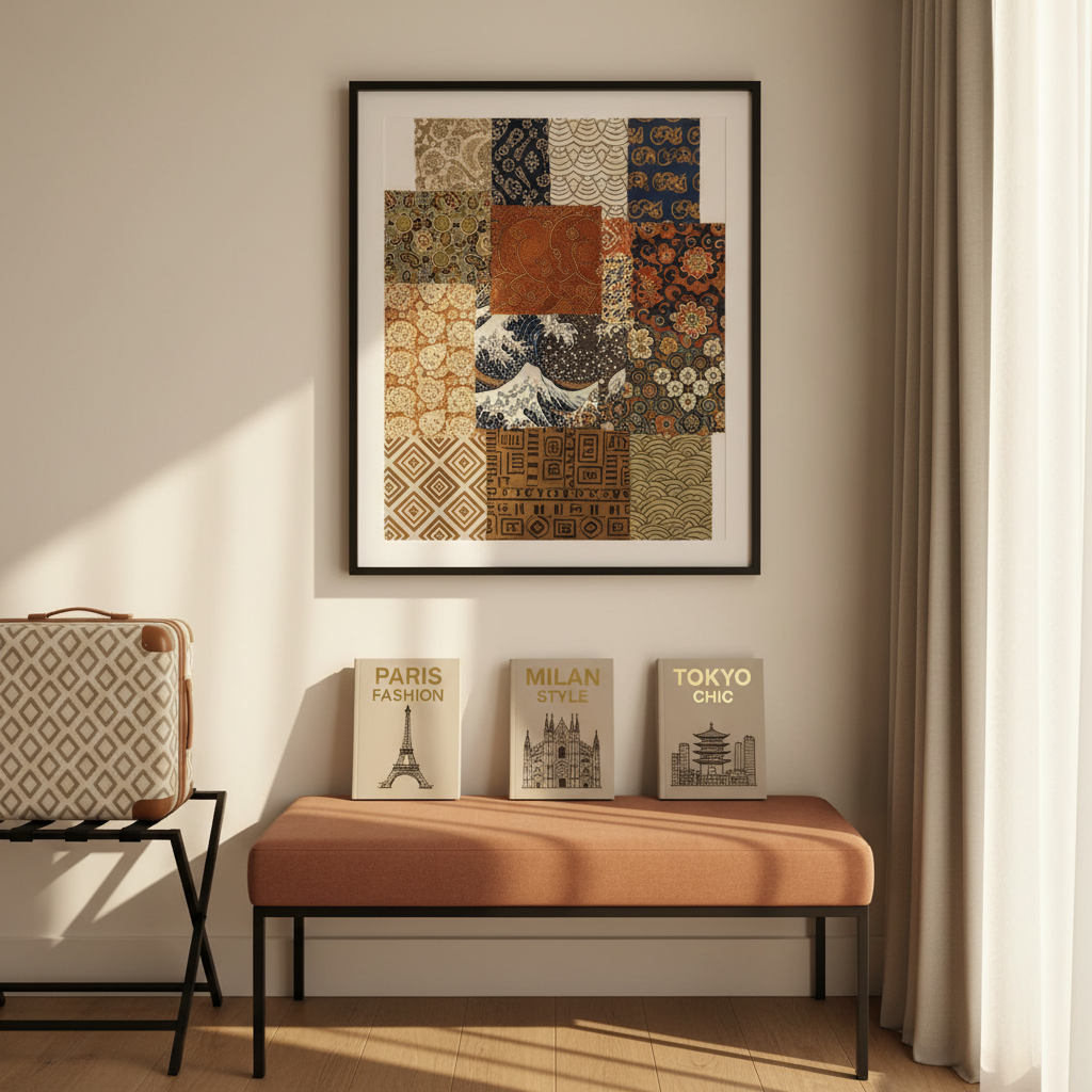 A highly curated corner of a boutique hotel room themed around global fashion journeys, captured in detailed photographic realism. A low, upholstered bench in muted terracotta fabric stands against a smooth off-white wall, its surface holding three neatly arranged travel guides, each embossed with different fashion capitals and illustrated with minimalist line drawings of iconic buildings. Above the bench, a large framed artwork displays an abstract collage of textile patterns from various cultures, layered in harmonious, earthy tones. To one side, a sleek metal luggage stand supports a single hard-sided suitcase wrapped in a subtle, tone-on-tone geometric fabric. Warm, late-afternoon sunlight filters through sheer curtains, casting soft, elongated shadows and a gentle glow across the scene. Shot at eye level with a balanced, symmetrical composition, the atmosphere is sophisticated, calm, and perfectly suited to fashion-focused travelers.