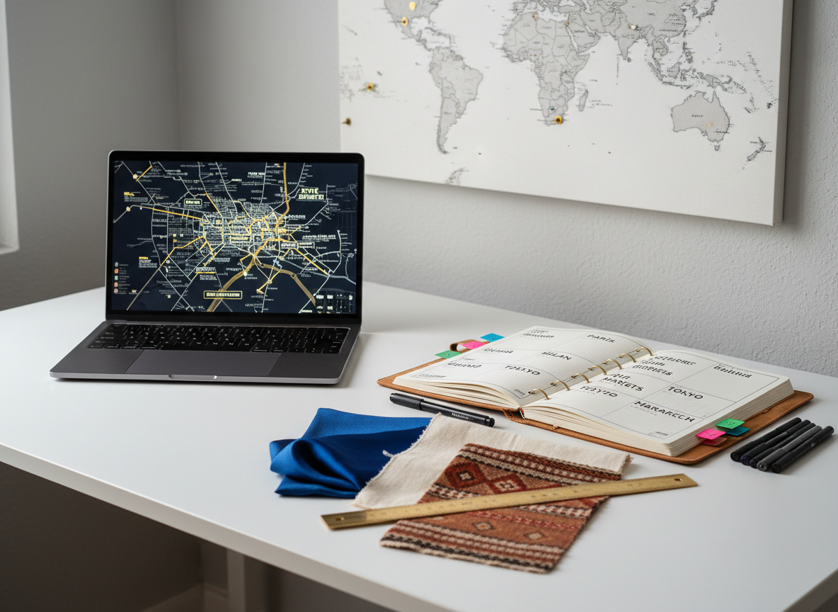 A serene workspace devoted to planning fashion-focused cultural itineraries, shot in clean, realistic photographic style. A large, matte white desk supports a slim laptop displaying a stylized map covered in highlighted “Style Districts” and “Artisan Markets.” Next to it, a leather-bound planner lies open, its pages filled with neatly printed city names and color-coded tabs. Swatches of fabrics in various textures—silk, organic cotton, handwoven fibers—are neatly arranged beside a set of fine-tipped pens and a brass ruler. A world map pinned to the wall in the background is dotted with small, minimalist markers indicating fashion hubs. Soft, indirect daylight filters in from an unseen window, creating a calm, focused atmosphere with gentle, diffused shadows. Shot from a slightly elevated angle, the composition feels strategic, organized, and ideal for a professional platform on fashion tourism.