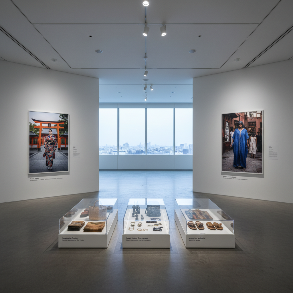 A gallery-like exhibition space dedicated to the intersection of fashion, tourism, and sustainability, captured in high-resolution photographic realism. Clean white walls display large framed photographs of iconic garments set within recognizable cityscapes, each with small, neatly printed captions beneath describing their cultural roots. In the center, a series of glass-topped plinths present carefully folded textiles, recycled-material accessories, and small placards explaining their ethical production. The polished concrete floor reflects subtle glimmers of the overhead track lighting, which is cool and directional, highlighting each exhibit with precision while leaving the surrounding space softly in shadow. Large windows at one end reveal a distant urban skyline under a pale, overcast sky. Shot from a central, eye-level position with sharp focus and balanced composition, the mood is thoughtful, educational, and forward-looking.